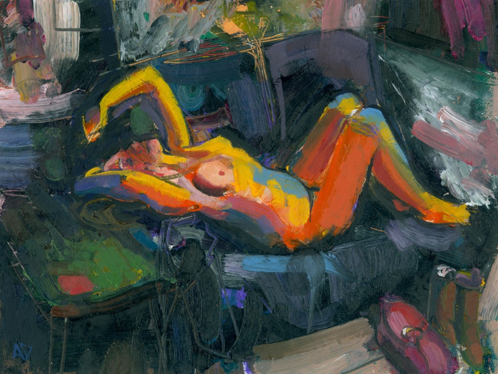 oil painting of reclining female nude by alan dedman