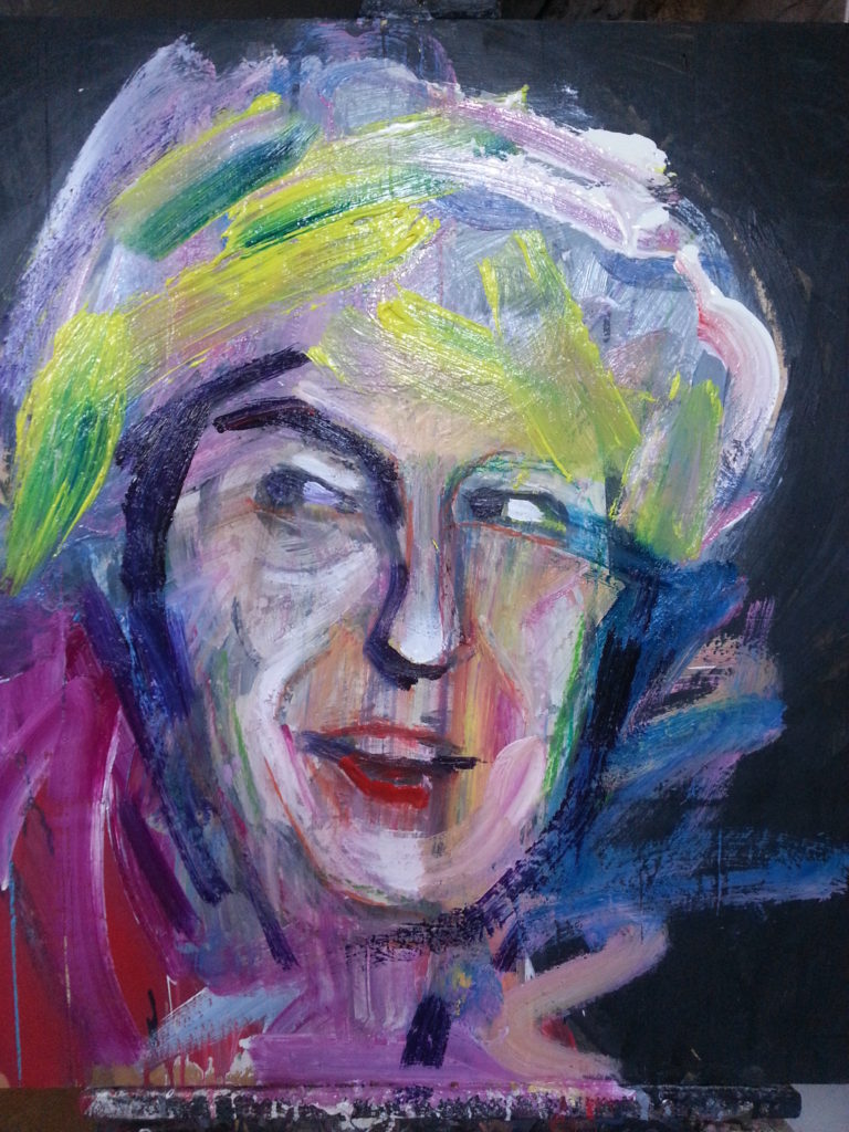 Theresa May by Alan Dedman painting in colour with mixed media on wood