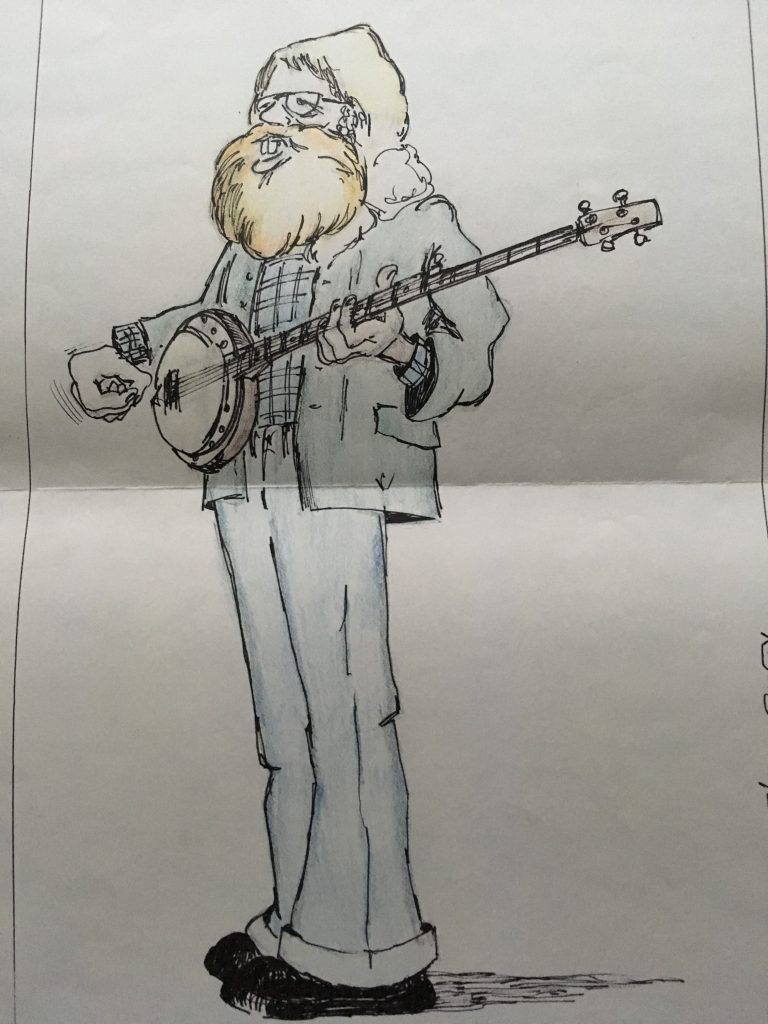 Derek Mace drawn by Robin Smith, cartoon by student at GYCAD
