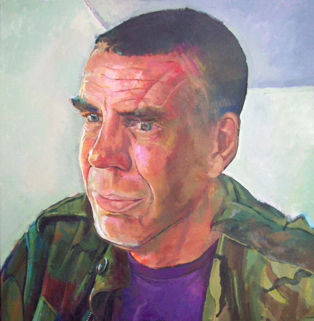 portrait of richard by alan dedman colourful academic realist portrait of a man in a camo jacket