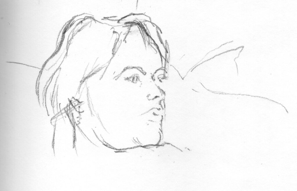 Line drawing Anna watching tv by Alan Dedman